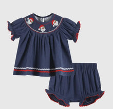 Load image into Gallery viewer, Preorder 8/15-9/15-Navy Blue Santa
Smocked Dress and Bloomers Set - Image #1