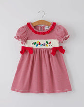 Load image into Gallery viewer, Holiday Girls Dress with Embroidered Christmas Lights and Red Bow Details