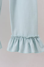 Load image into Gallery viewer, Blue snowman christmas tree smocked ruffle pants set