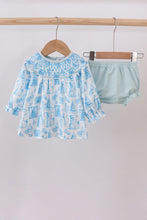 Load image into Gallery viewer, Blue snowman christmas tree smocked bloomer set