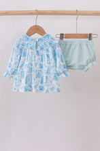 Load image into Gallery viewer, Blue snowman christmas tree smocked bloomer set