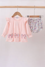 Load image into Gallery viewer, Pink floral bow applique bloomer set