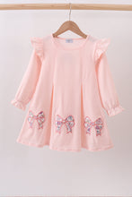 Load image into Gallery viewer, Pink floral bow applique ruffle dress