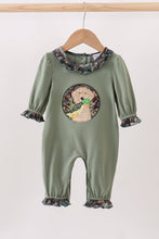 Load image into Gallery viewer, Camouflage dog hunting applique ruffle romper