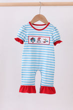 Load image into Gallery viewer, Blue character embroidery stripe ruffle romper