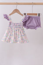 Load image into Gallery viewer, Purple floral smocked ruffle bloomer set
