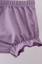 Load image into Gallery viewer, Purple floral smocked ruffle bloomer set