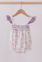 Load image into Gallery viewer, Purple floral smocked ruffle bubble