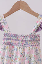 Load image into Gallery viewer, Purple floral smocked ruffle bubble