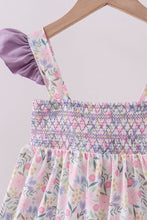 Load image into Gallery viewer, Purple floral smocked ruffle dress
