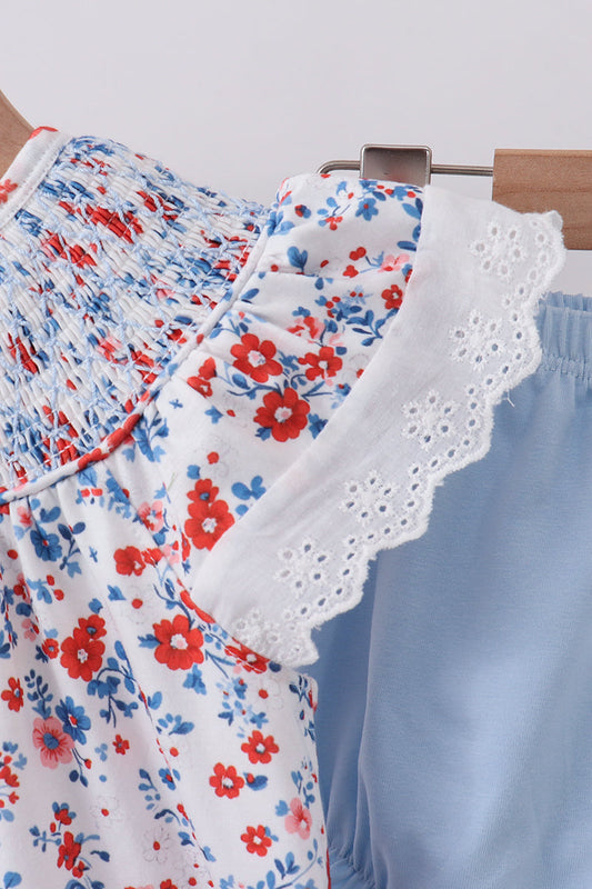 Blue floral lace smocked bloomer set