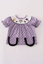 Load image into Gallery viewer, Purple Halloween dot witch embroidery romper