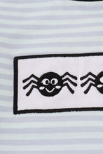 Load image into Gallery viewer, Blue Halloween spider embroidery stripe romper