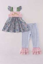 Load image into Gallery viewer, Blue floral pumpkin embroidery ruffle pants set