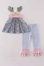 Load image into Gallery viewer, Blue floral pumpkin embroidery ruffle pants set - Abbies Place
