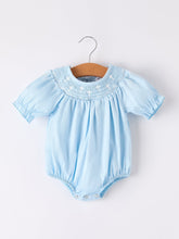 Load image into Gallery viewer, Girls Cross Smocking Embroidered Blue Romper