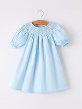 Load image into Gallery viewer, Girls Cross Smocking Embroidered Blue Dress