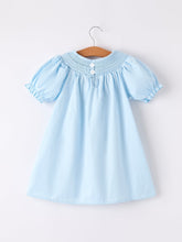 Load image into Gallery viewer, Girls Cross Smocking Embroidered Blue Dress