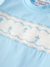 Load image into Gallery viewer, Blue Smocked Church Christ Bishop Christening Baby Boys' Romper