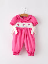Load image into Gallery viewer, Pink Smocked Church Christ Bishop Christening Bow Baby Girl Romper