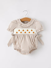 Load image into Gallery viewer, Fall Halloween & Thanksgiving Pumpkin Embroidery Smock Plaid Baby Girl Romper