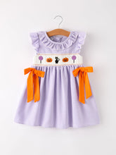Load image into Gallery viewer, Fall Halloween Purple Balloon Pumpkin Cat Smock Embroidery Baby Girl Dress