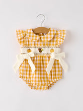 Load image into Gallery viewer, Autumn Thanksgiving Yellow Plaid Turkey Pumpkin Embroidery Smock Girls Romper