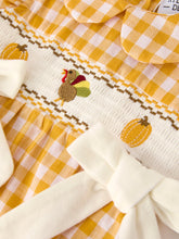 Load image into Gallery viewer, Autumn Thanksgiving Yellow Plaid Turkey Pumpkin Embroidery Smock Girls Romper