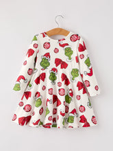 Load image into Gallery viewer, Winter Christmas Santa Hat Character Print Green Girls Dress