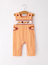 Load image into Gallery viewer, Fall Turkey Embroidered Romper for Baby Boys – Orange Checkered with Halloween Details