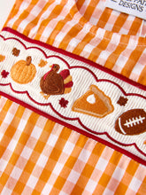Load image into Gallery viewer, Fall Turkey Embroidered Romper for Baby Boys – Orange Checkered with Halloween Details