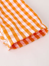 Load image into Gallery viewer, Fall Turkey Embroidered Romper for Baby Boys – Orange Checkered with Halloween Details