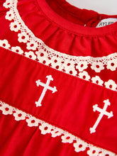 Load image into Gallery viewer, Red Christmas Baby Girls Romper: Cross Embroidery with Lace Trim