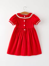 Load image into Gallery viewer, Red Christmas Girls Dress: Cross Embroidery with Lace Trim