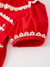 Load image into Gallery viewer, Red Christmas Girls Dress: Cross Embroidery with Lace Trim