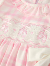 Load image into Gallery viewer, Pink Plaid Ruffle Ballet Shoe Embroidery Long Sleeve Dress