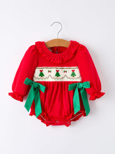 Load image into Gallery viewer, Christmas Smocked Girls Romper with Green Bow and Tree Embroidery