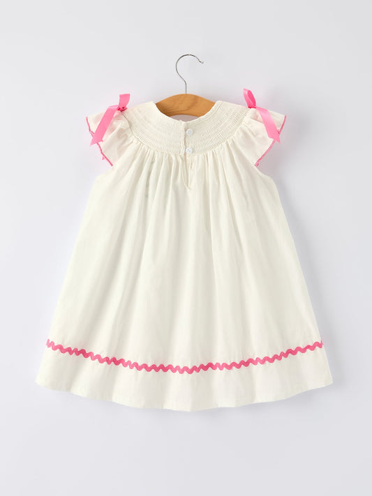 Fall White Girls Dress with Pink Bow Embroidery