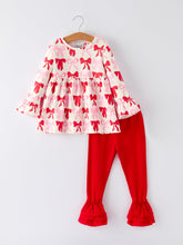 Load image into Gallery viewer, Baby Girls Valentine’s Bow Print Long Sleeve Ruffle Set