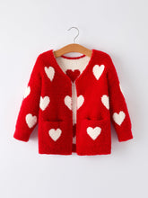 Load image into Gallery viewer, Valentine’s Day Girls Red Heart Pattern Fuzzy Knit Cardigan with Front Pockets