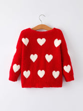 Load image into Gallery viewer, Valentine’s Day Girls Red Heart Pattern Fuzzy Knit Cardigan with Front Pockets