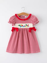 Load image into Gallery viewer, Holiday Girls Dress with Embroidered Christmas Lights and Red Bow Details