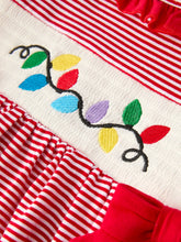 Load image into Gallery viewer, Holiday Girls Dress with Embroidered Christmas Lights and Red Bow Details