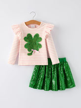 Load image into Gallery viewer, St. Patrick’s Day Stripe Top with Glitter Shamrock and Sequin Skirt Set