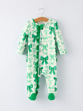 Load image into Gallery viewer, St. Patrick's Day Bow Print Long Sleeves Baby Girls Romper