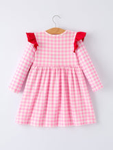 Load image into Gallery viewer, Valentine Pink Plaid Girls Dress with Horse & Heart Smocking Embroidery
