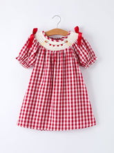 Load image into Gallery viewer, Valentine Red Plaid Dress with Smocked Heart Dog Detail and Bows