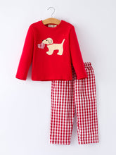 Load image into Gallery viewer, Valentine Red Plaid Boys Set with Applique Heart Dog Detail