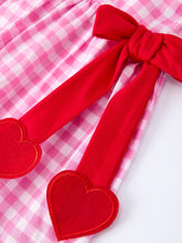 Load image into Gallery viewer, Valentine Pink Plaid Girls Dress with Red Hearts and Bows