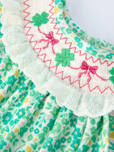 Load image into Gallery viewer, St. Patrick’s Day Shamrock Bow Smocked Baby Girl Romper